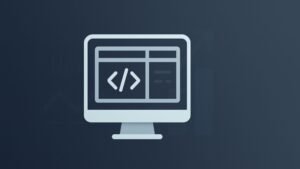 Minimalist web development icon featuring a white computer monitor with code brackets on a dark blue gradient background, ideal for SaaS dashboards.