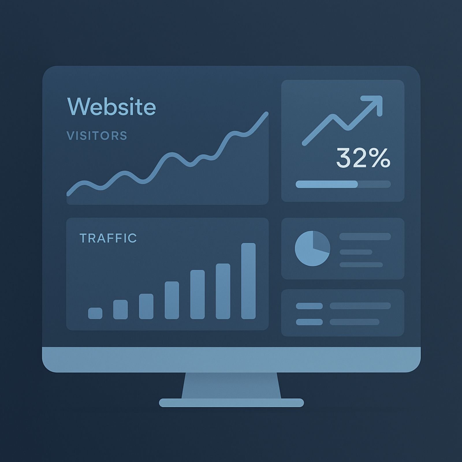 Minimalist website analytics dashboard icon showing growth charts, bar graphs, and performance metrics on a dark blue background, in a modern SaaS style.